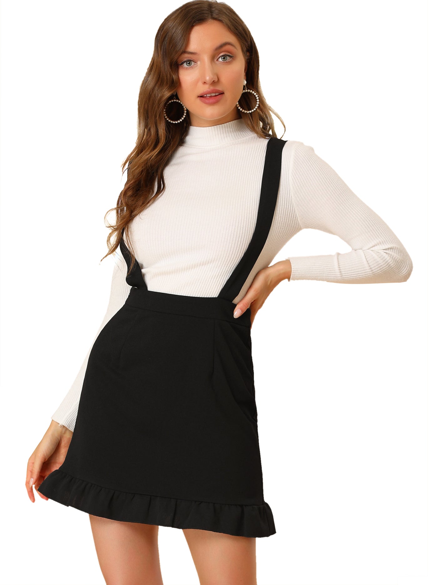 Allegra K Suspender Pinafore Dress Ruffle High Waist Overall Skirt