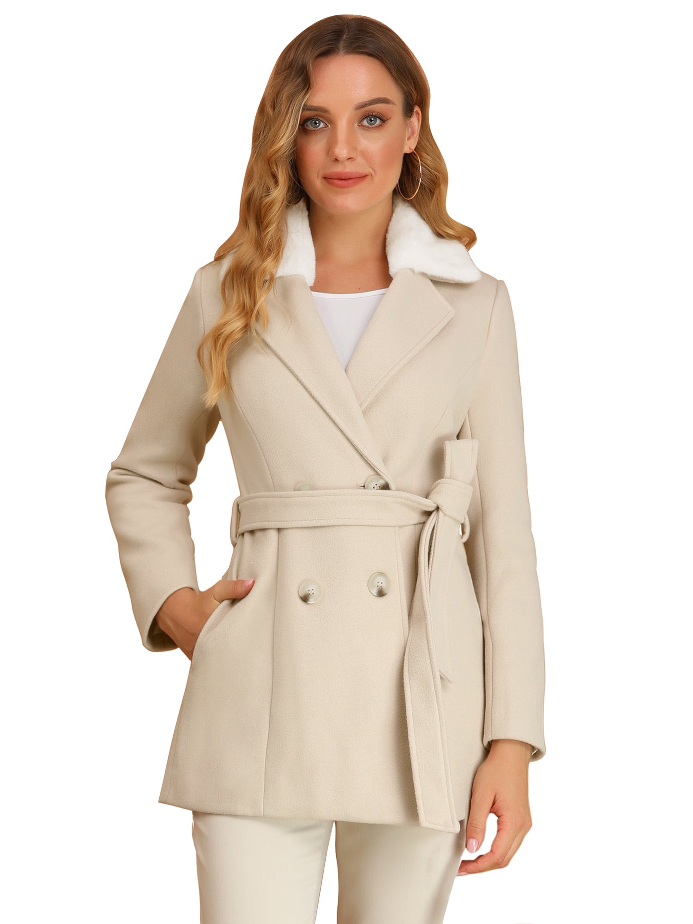 Allegra K Faux Fur Collar Coat Double Breasted Belted Winter Overcoat