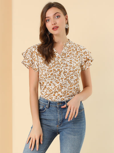 Floral Button V Neck Ruffled Cap Short Sleeve Casual Blouse