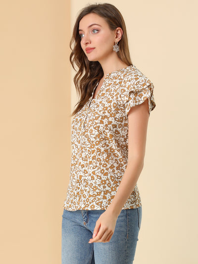 Floral Button V Neck Ruffled Cap Short Sleeve Casual Blouse