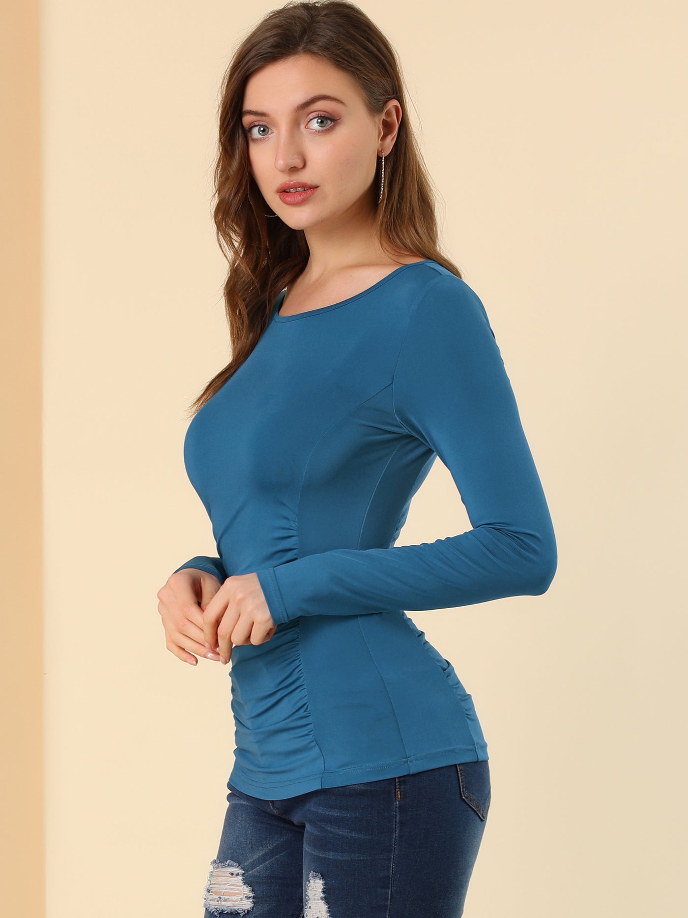 Allegra K Round Neck Long Sleeve Solid Fitted Ruched Top