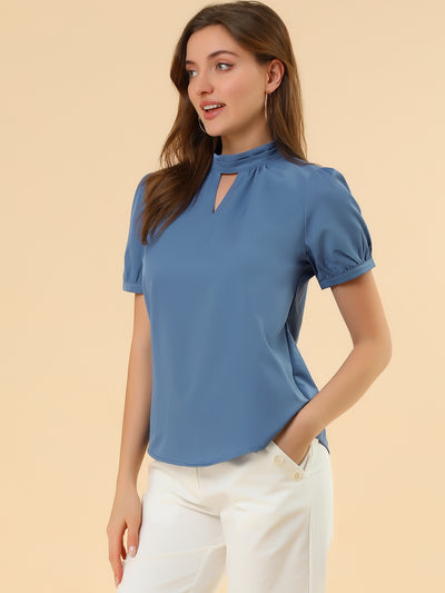 Office Elegant Stand Collar Short Sleeve Cut Out Keyhole Blouse