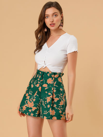 Summer Bow Tie High Waist Short Floral Paper Bag Shorts