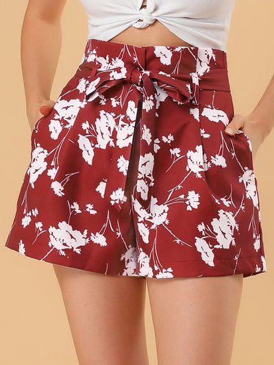 Summer Bow Tie High Waist Short Floral Paper Bag Shorts