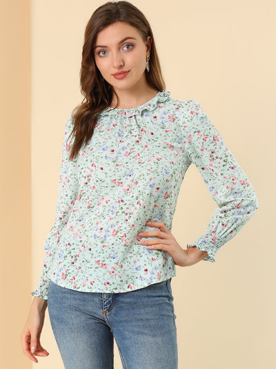 Puff Sleeve Top Elegant Floral Print Smocked Cuffs Ruffle Neck Blouse