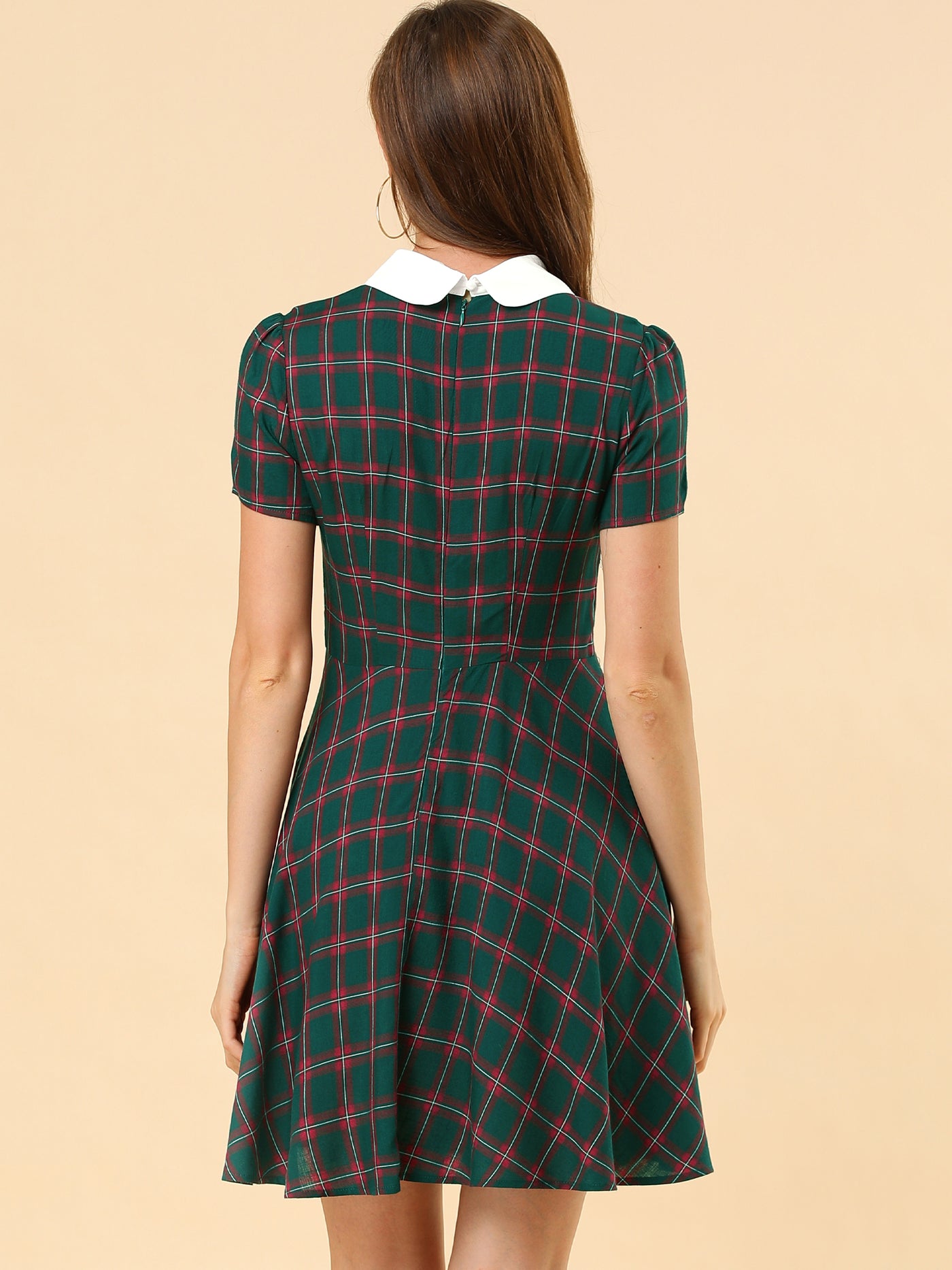 Allegra K Plaid Grid Peter Pan Collar Contrast Short Sleeve A-line Dress
