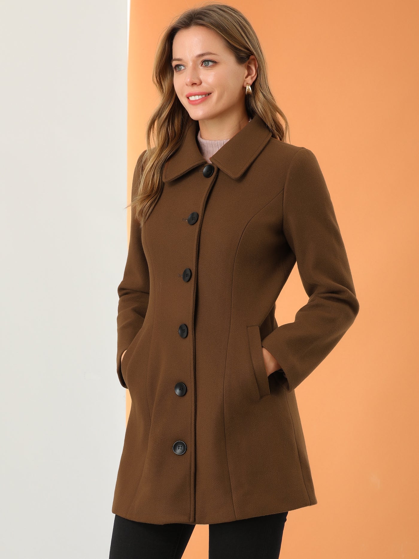 Allegra K Solid Winter Single Breasted Long Warm Pocketed Pea Coat