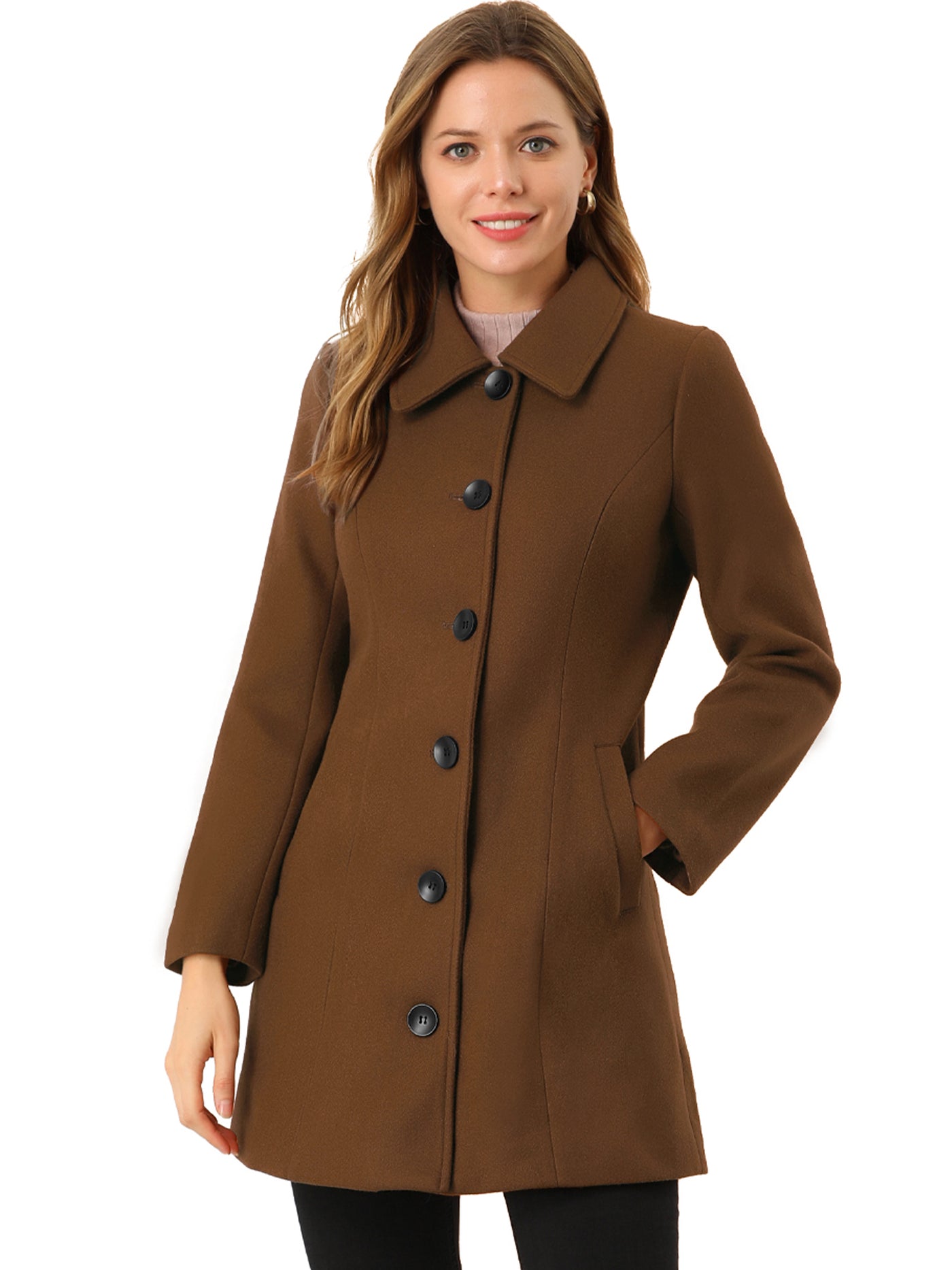 Allegra K Solid Winter Single Breasted Long Warm Pocketed Pea Coat