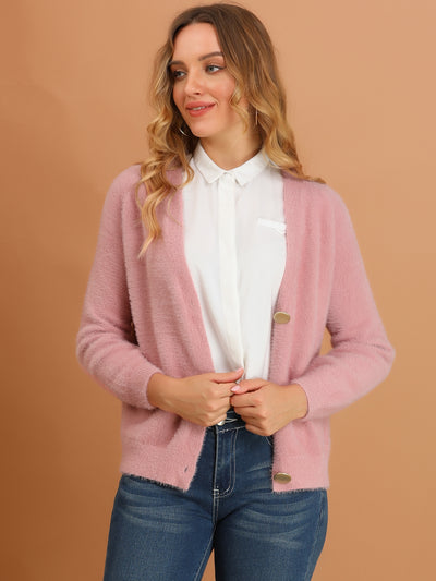 Allegra K Button Down Fluffy Cardigan V-Neck Soft Knit Sweater