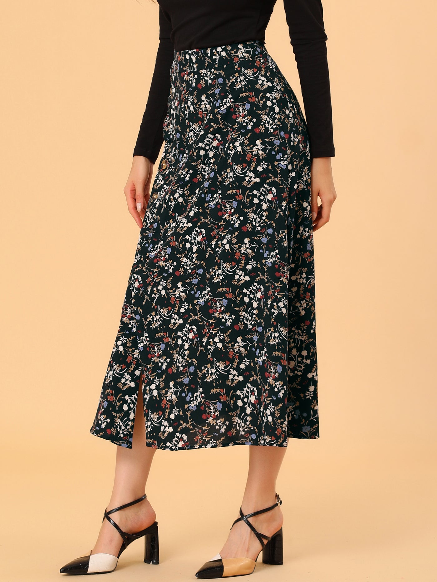 Allegra K Floral Print Button Decor A-Line High Waist Slit Maxi Skirt