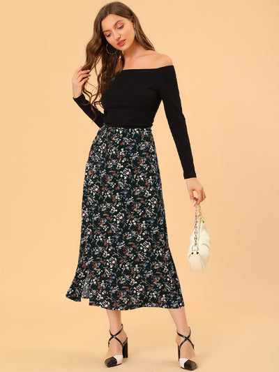 Floral Print Button Decor A-Line High Waist Slit Maxi Skirt
