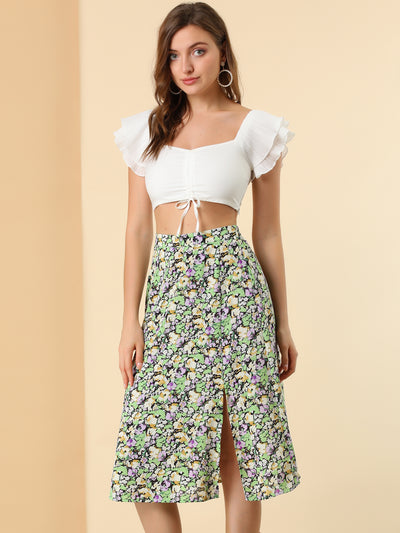 Boho Floral High Waist Split A Line Midi Skirt