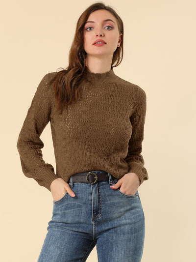Ruffle Mock Neck Bishop Sleeve Knitted Ribbed Pullover Sweater
