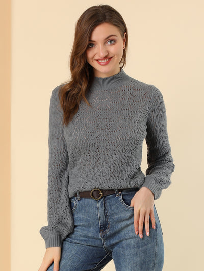 Ruffle Mock Neck Bishop Sleeve Knitted Ribbed Pullover Sweater