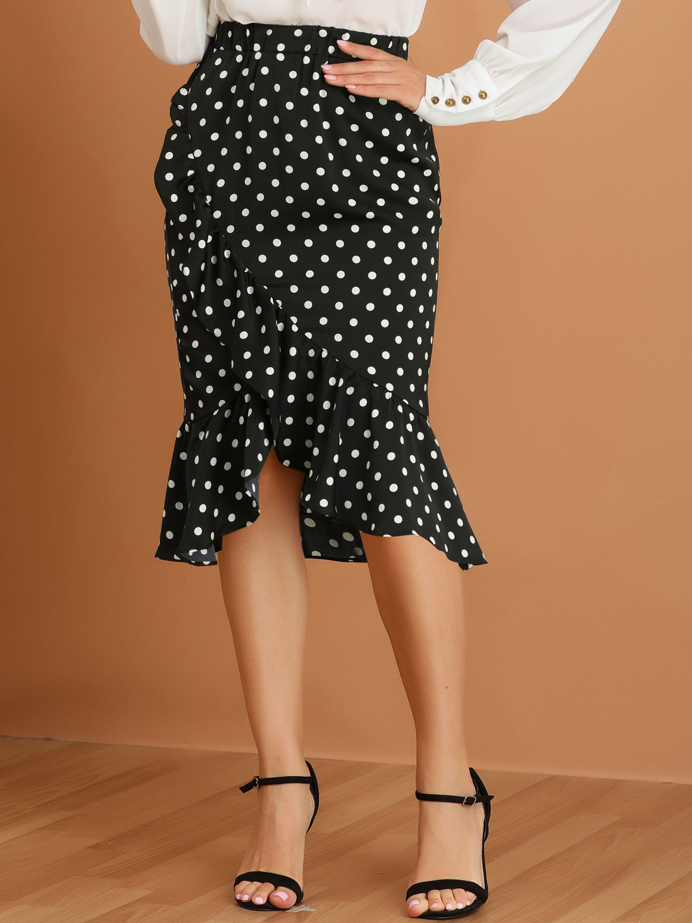 Allegra K Midi High Waist Polka Dots Ruffle Asymmetrical Skirt