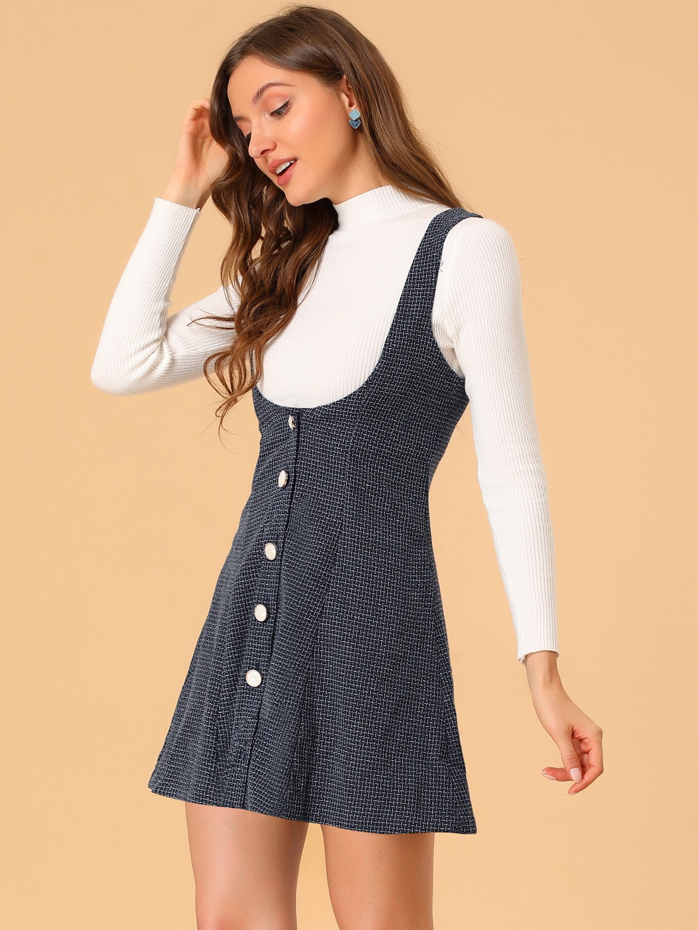 Allegra K Tweed Skirt Button Front A-line High Waist Pinafore Overall Dress