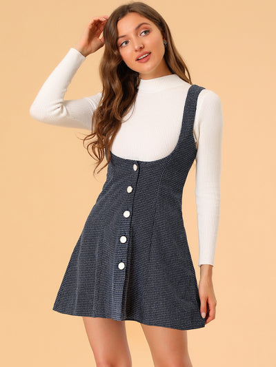 Tweed Skirt Button Front A-line High Waist Pinafore Overall Dress