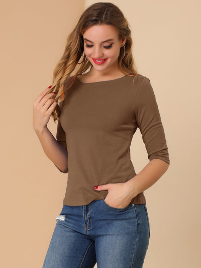 Casual Boat Neck Elbow Sleeve Solid Basic T-shirt