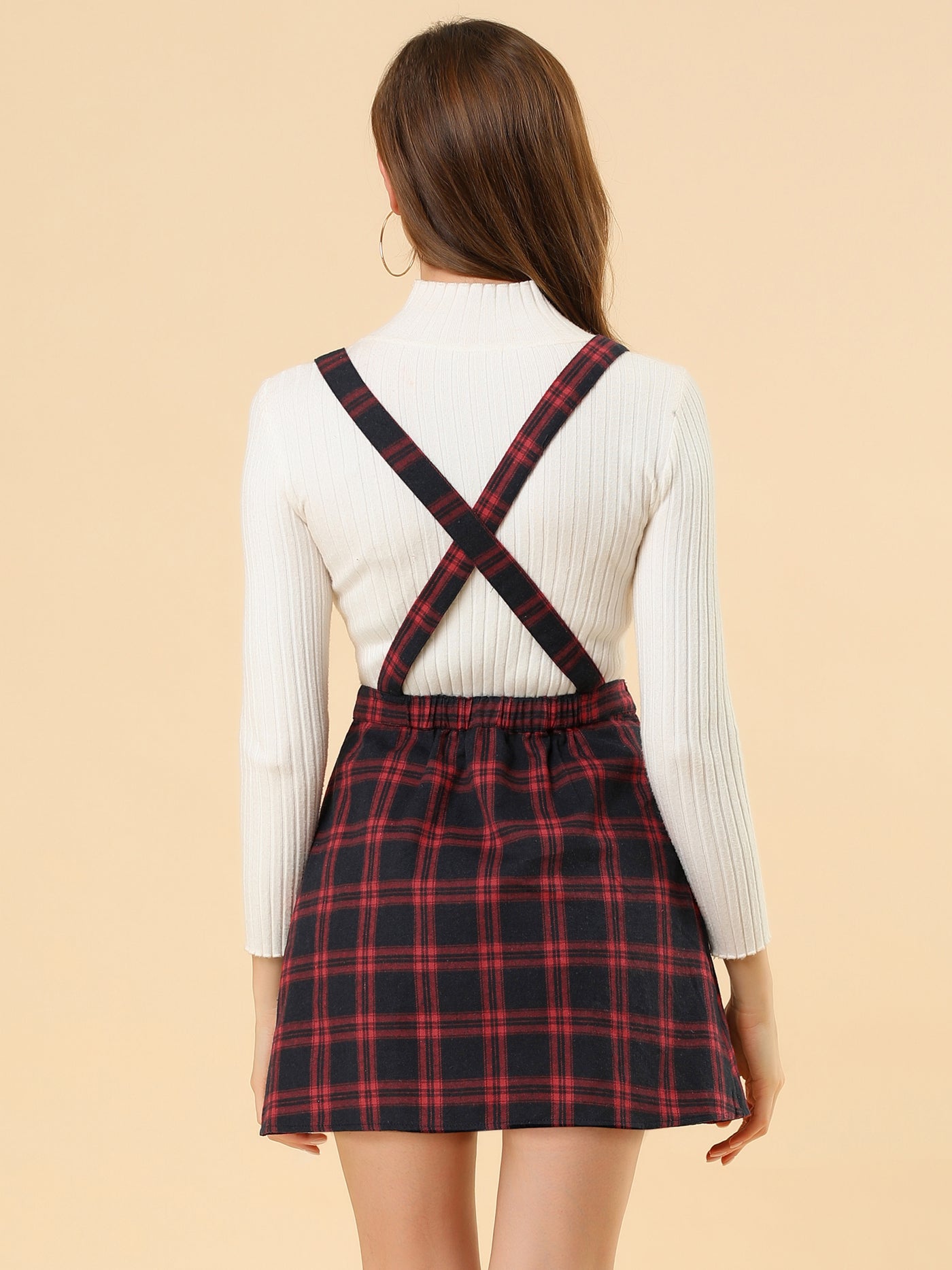Allegra K Checks Adjustable Strap Pinafore Overall Dress Suspender Skirt