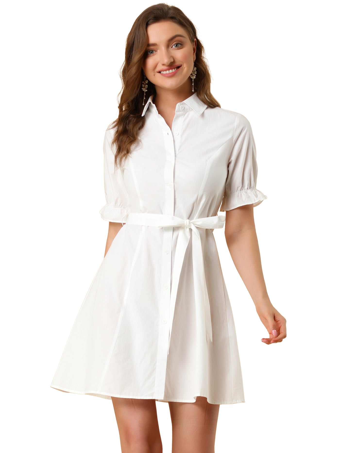 Allegra K Ruffled Short Sleeve Cotton Solid Belted Button Down Shirt Dress