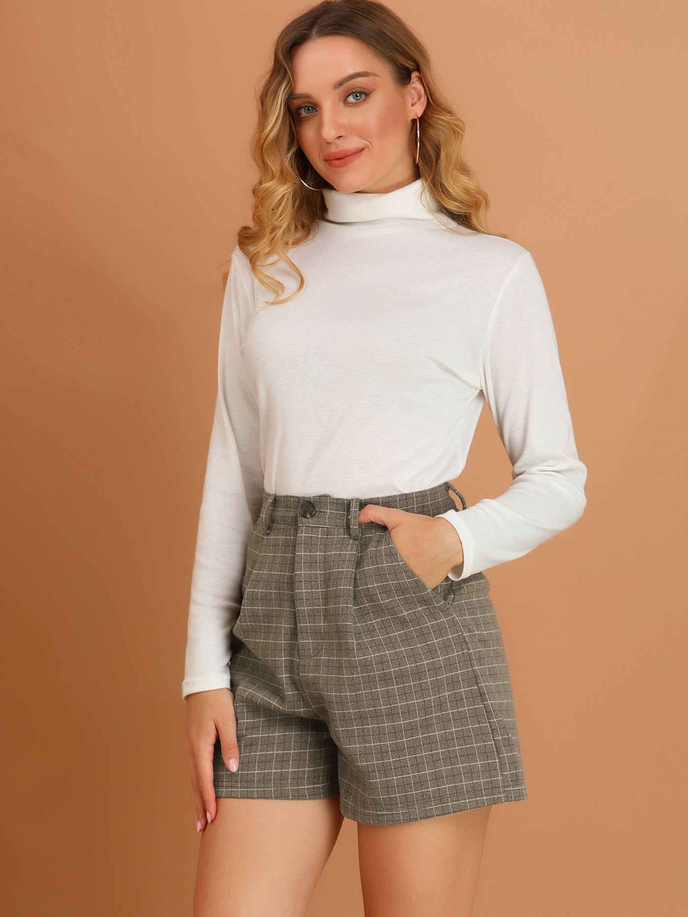 Allegra K High Waisted Stretchy Buttoned Wide Leg Plaid Pocket Shorts