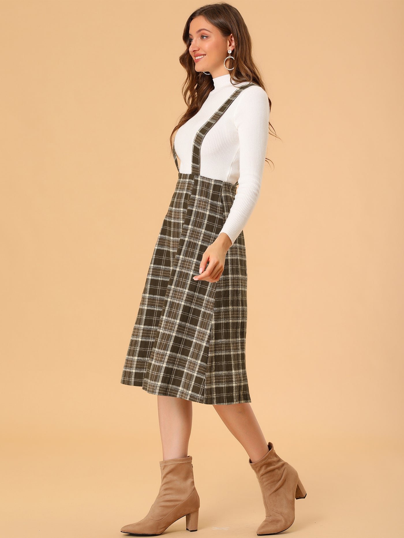 Allegra K Plaid Overall Dress High Waist A-Line Tartan Suspender Midi Skirt