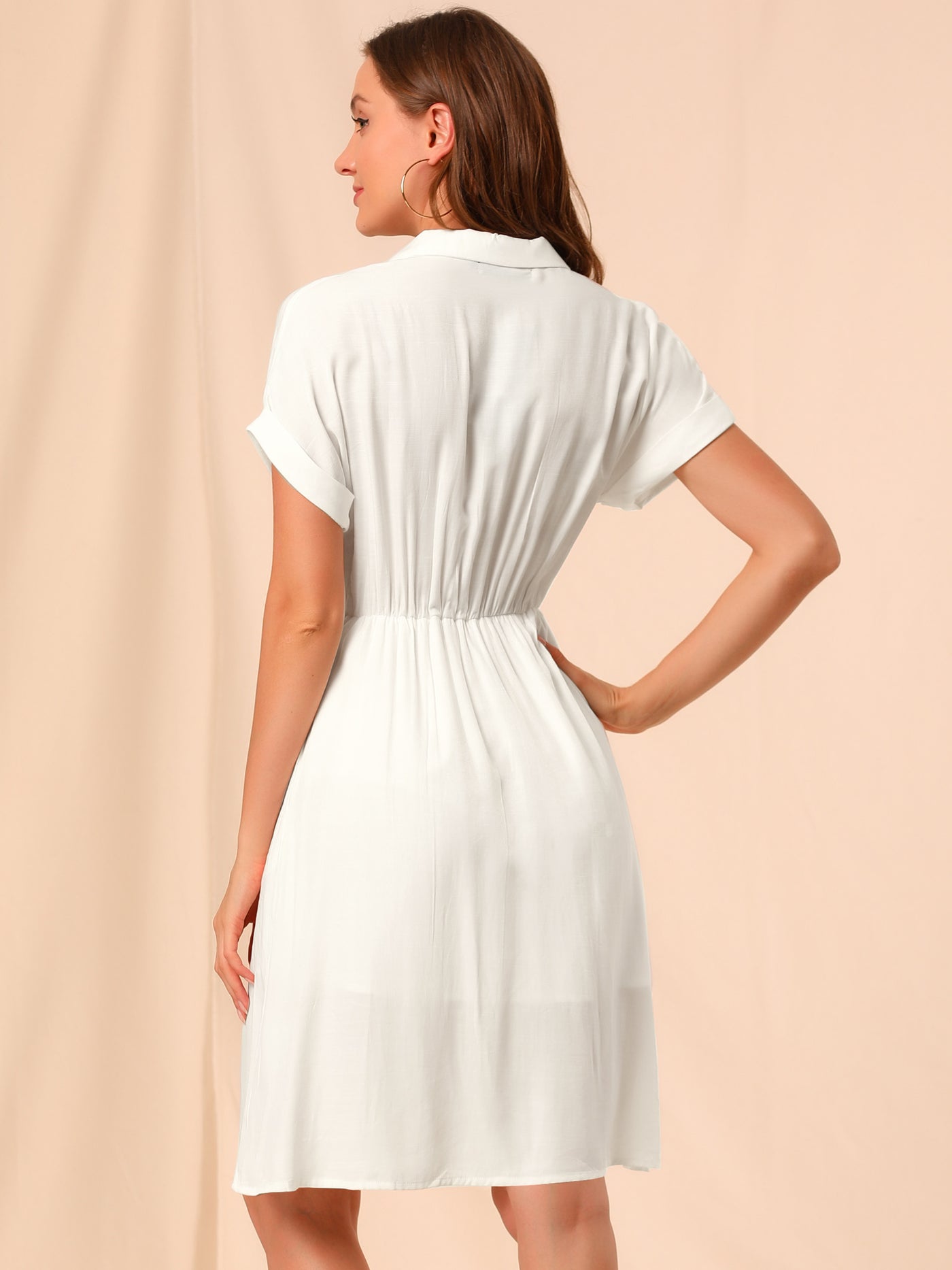 Allegra K Notched Lapel Elastic Waist Pocket A-Line Safari Shirt Dress