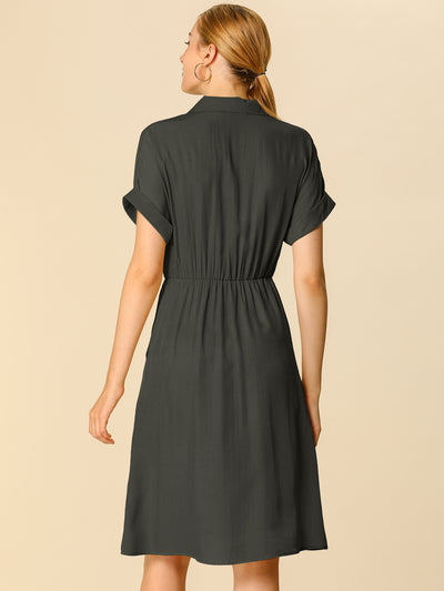 Notched Lapel Elastic Waist Pocket A-Line Safari Shirt Dress