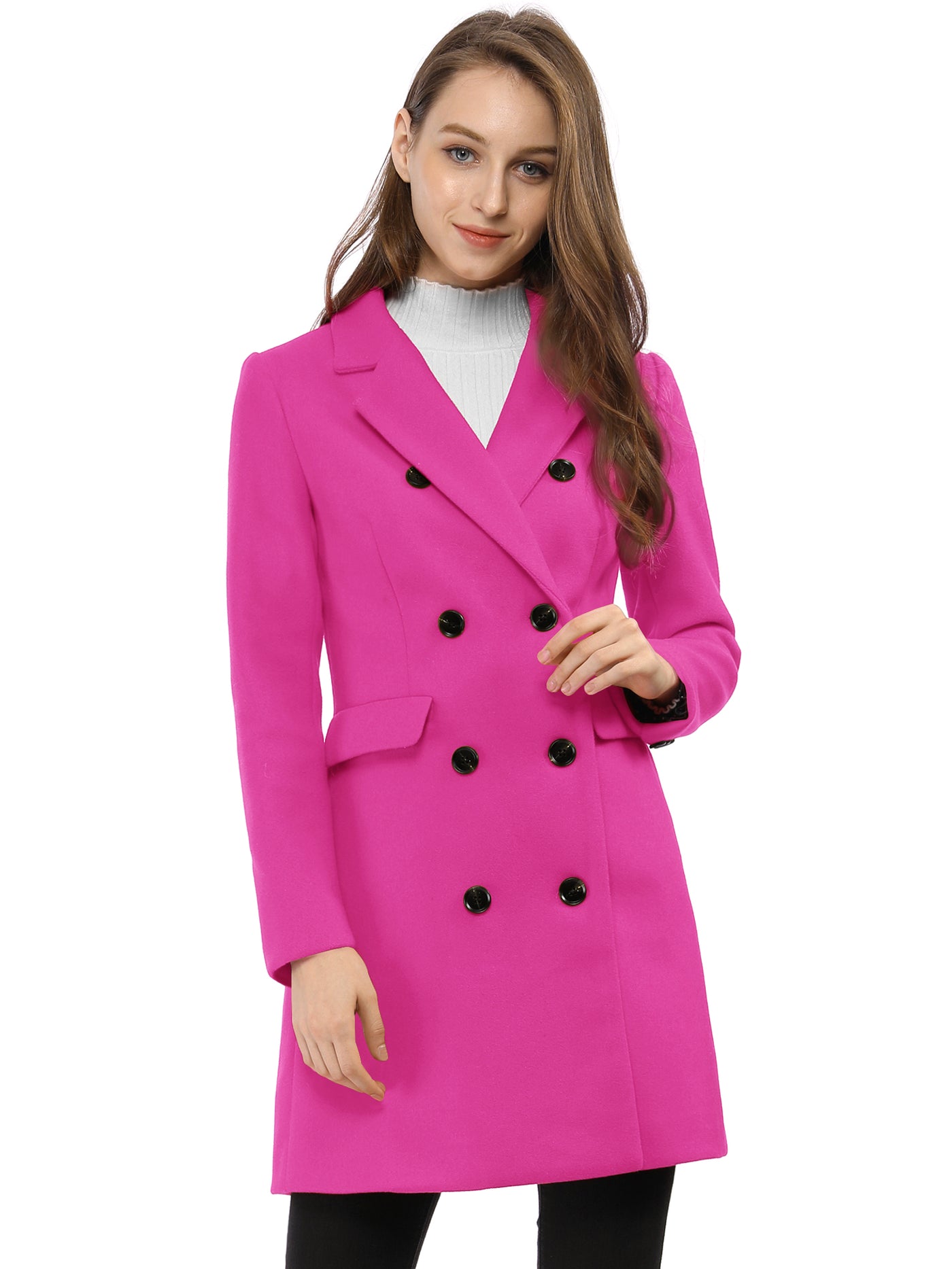 Allegra K Winter Long Sleeve Notched Lapel Double Breasted Trench Coat