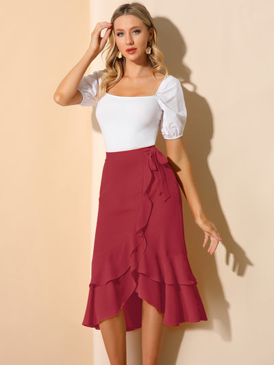 Ruffle Chiffon Tie Waist Asymmetrical Summer Midi Skirt