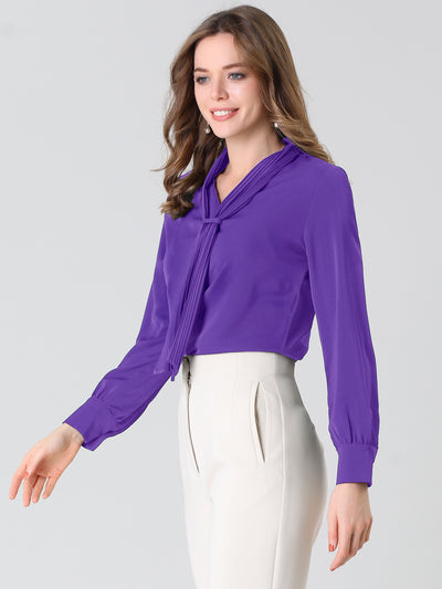 Long Sleeve Blouse Chiffon Pleated Tie Neck Office Top Shirt