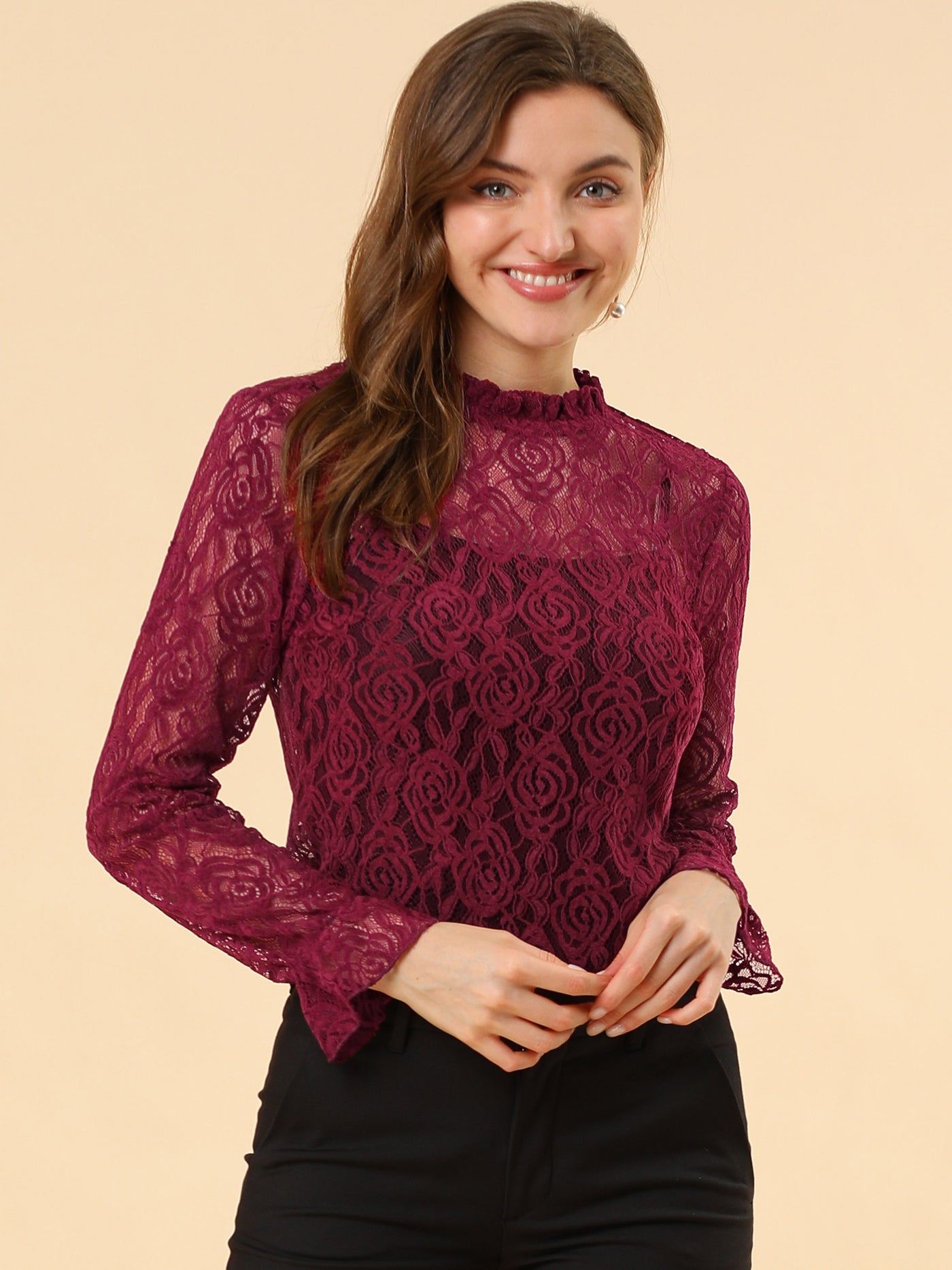 Allegra K Women's Elegant See Through Top Ruffle Frill Neck Long Sleeve Floral Lace Blouse