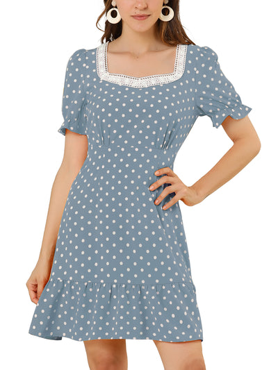 Summer Sweetheart Neck Ruffled Hem Puff Short Sleeve Polka Dots Dress