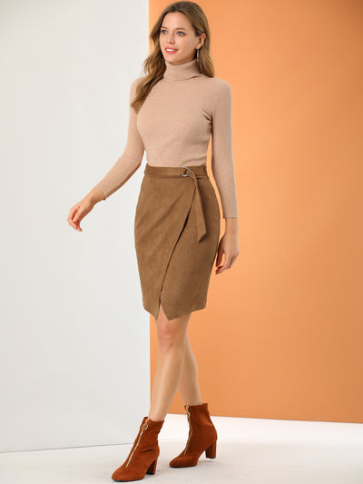 A-Line Knee Length Front Slit Wrap Faux Suede Skirt
