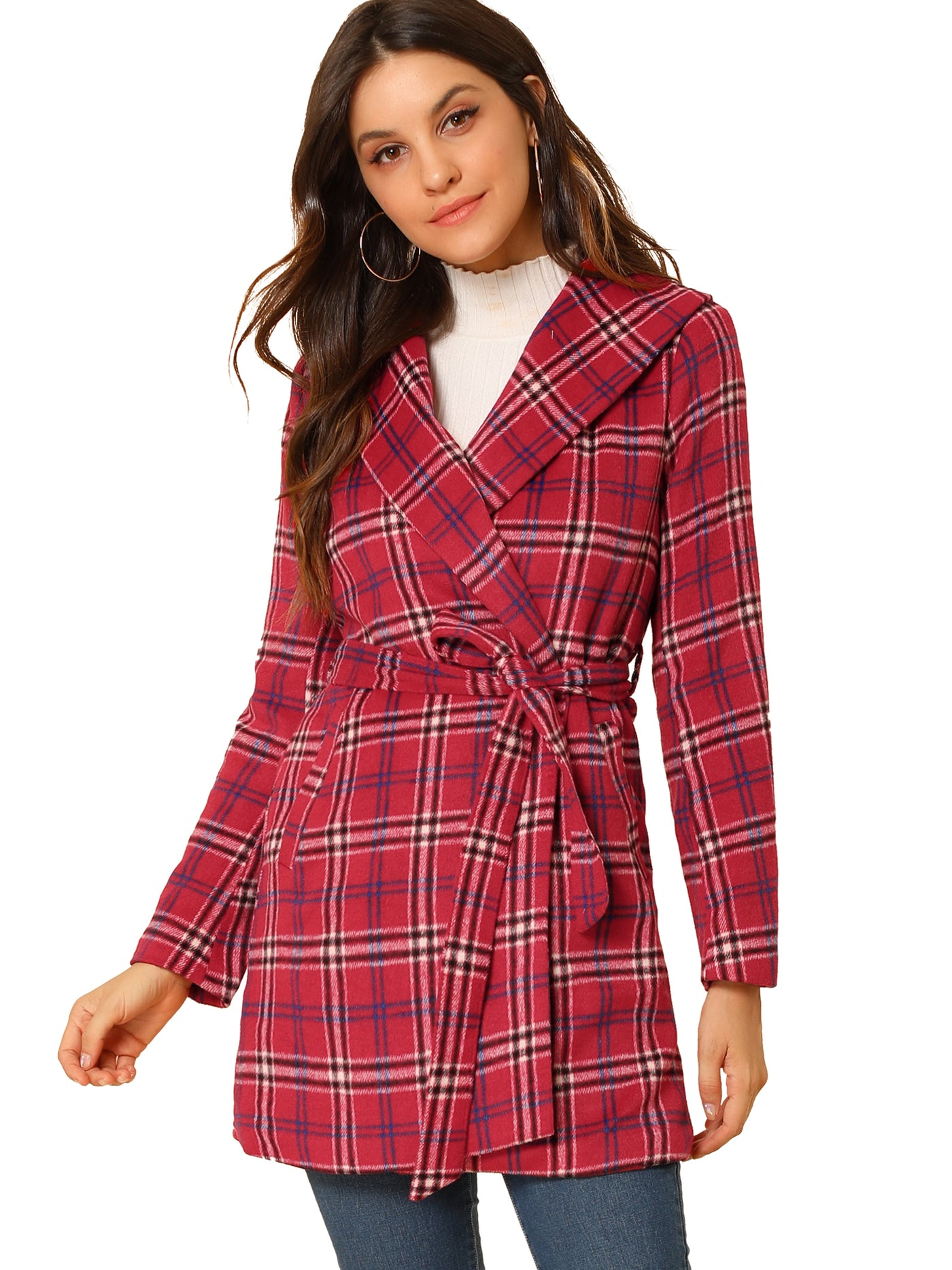 Allegra K Shawl Collar Check Belted Wrap Plaid Coat with Pockets