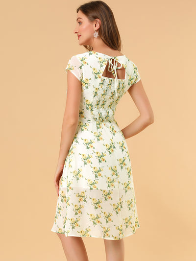 Smocked Sweetheart Cap Sleeve Cinched Floral Chiffon Midi Dress