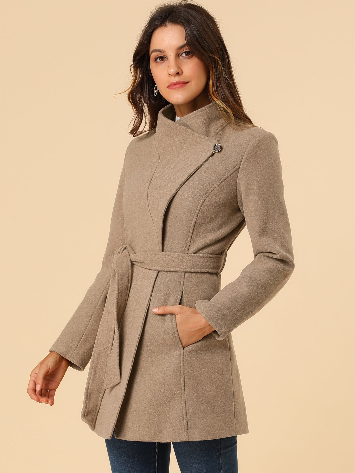Allegra K Classic Stand Collar Long Sleeve Winter Belted Coat