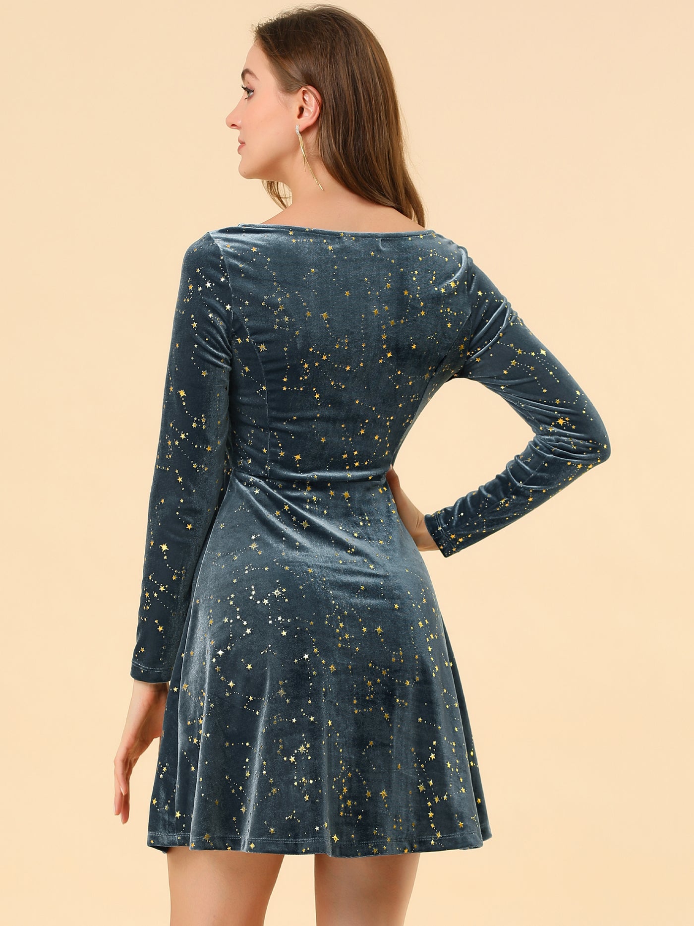 Allegra K Christmas Stars Square Neck Vintage Velvet Mini Dress
