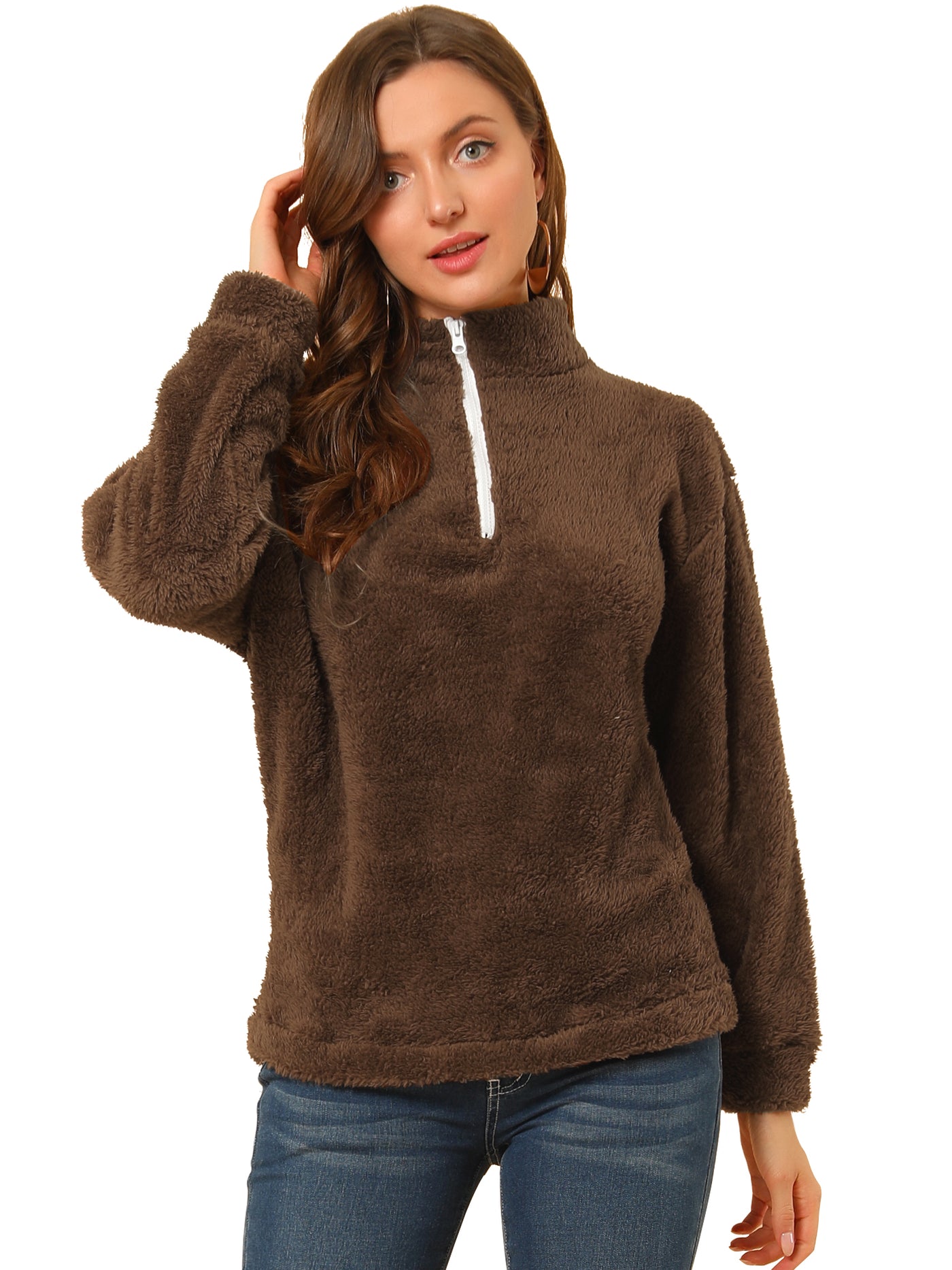Allegra K Women Half Placket Pullover Notch Lapel Faux Fur Fluffy Sweatshirt