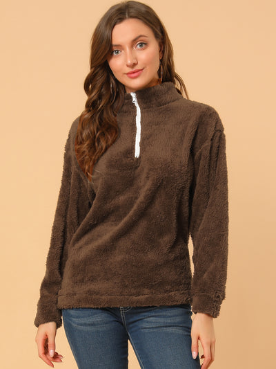 Women Half Placket Pullover Notch Lapel Faux Fur Fluffy Sweatshirt