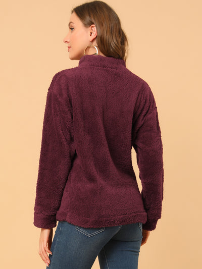 Women Half Placket Pullover Notch Lapel Faux Fur Fluffy Sweatshirt