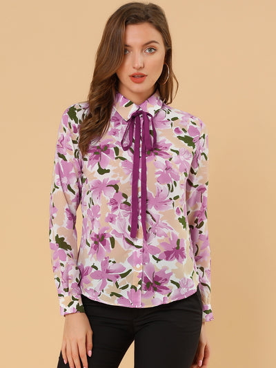 Tie Neck Floral Abstract Long Sleeve Office Point Collar Blouse