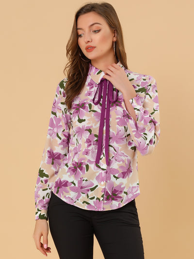 Tie Neck Floral Abstract Long Sleeve Office Point Collar Blouse