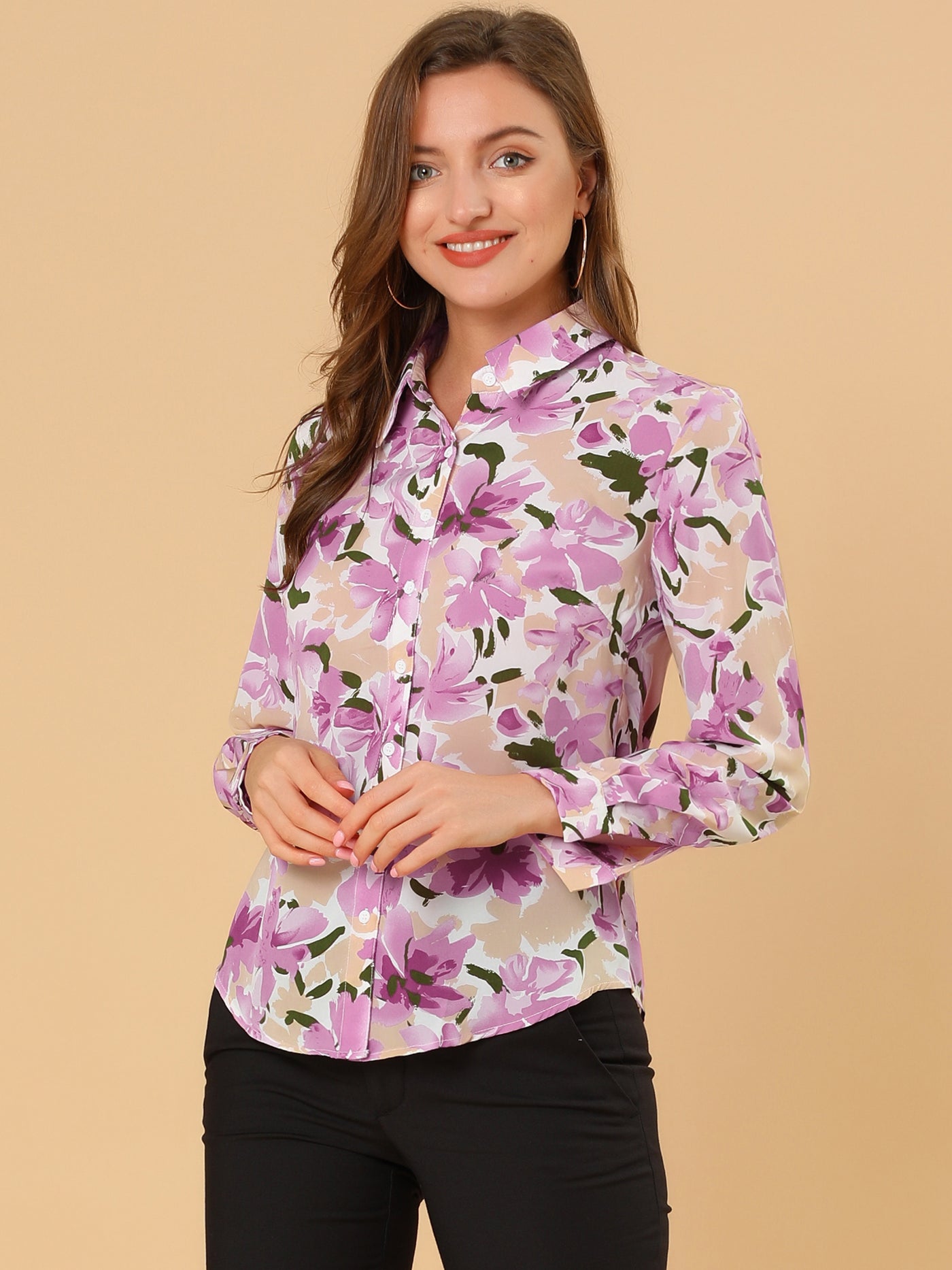 Allegra K Tie Neck Floral Abstract Long Sleeve Office Point Collar Blouse