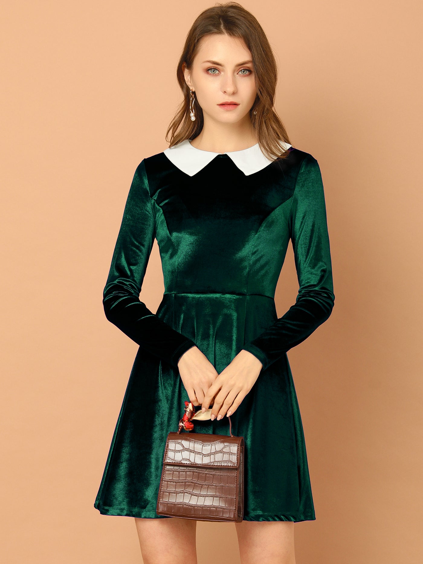 Allegra K Halloween Velvet Long Sleeve Contrast Doll Peter Pan Collar Dress