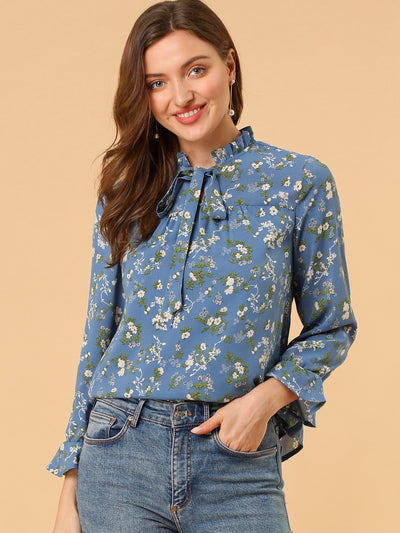 Ruffle Collar 3/4 Sleeve Tie Neck Chiffon Floral Blouse Top