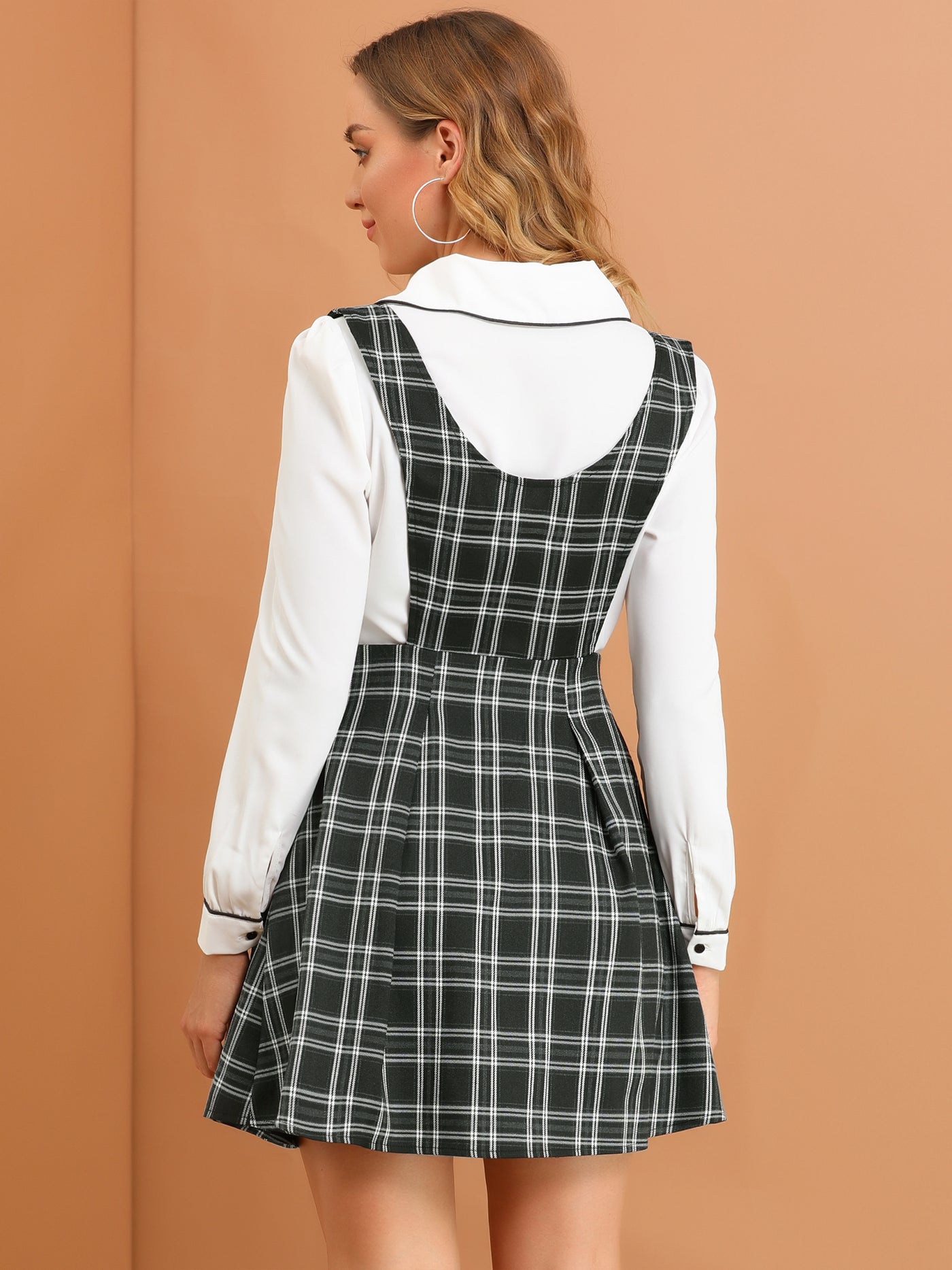 Allegra K Plaid V Neck A-line Button Pleated Pinafore Suspender Skirt