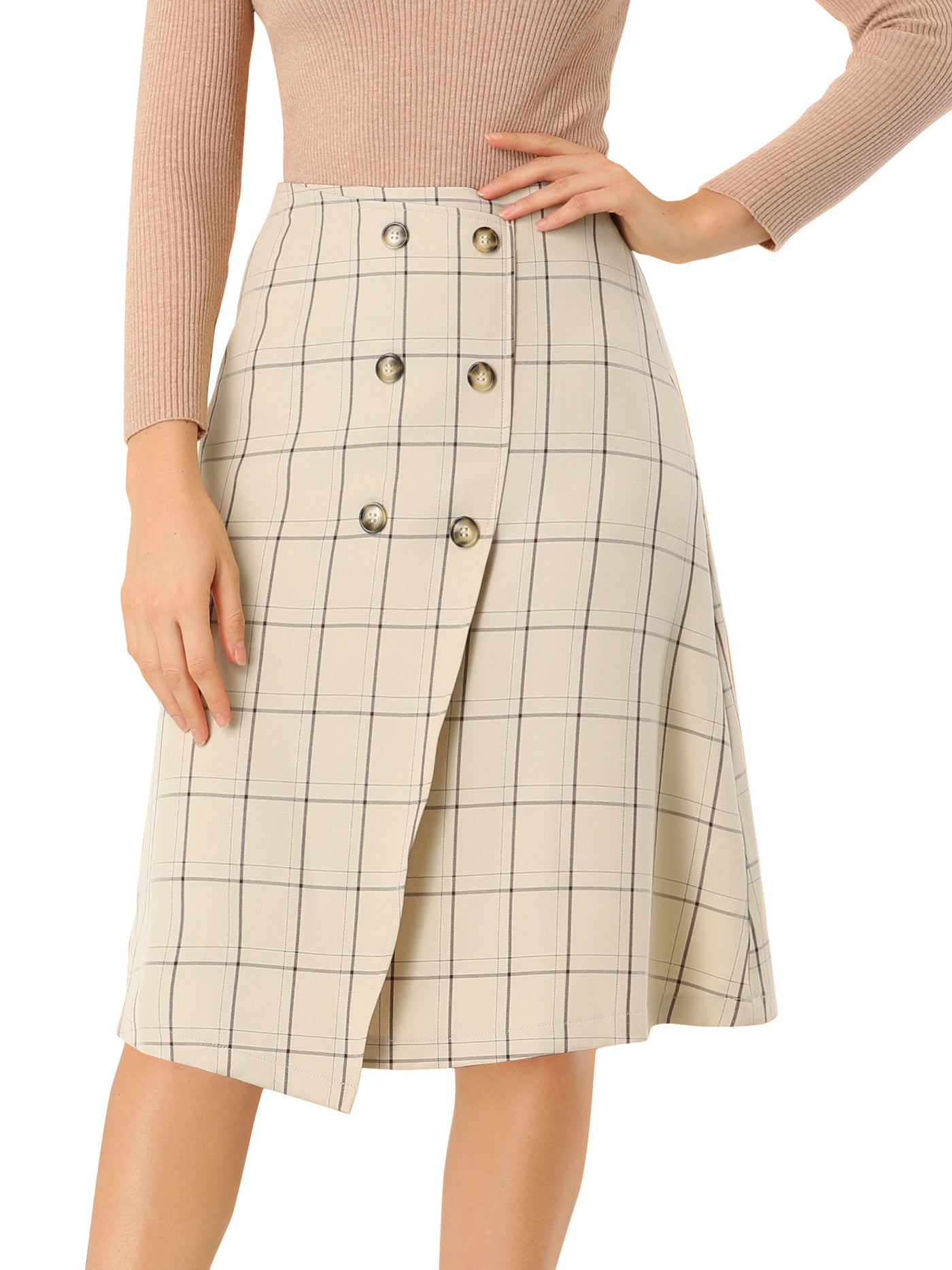 Allegra K Work Office Grid Plaid Buttons Knee Length A-line High Waist Skirt