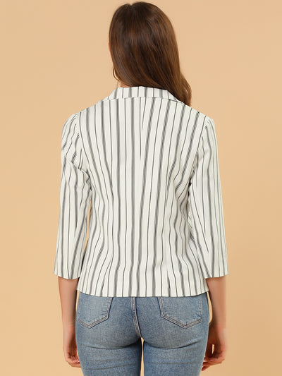 Striped 3/4 Sleeve Open Front Notched Lapel Blazer