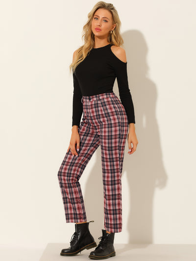 Plaid Cropped Trousers Button Casual Tartan Check Work Pants